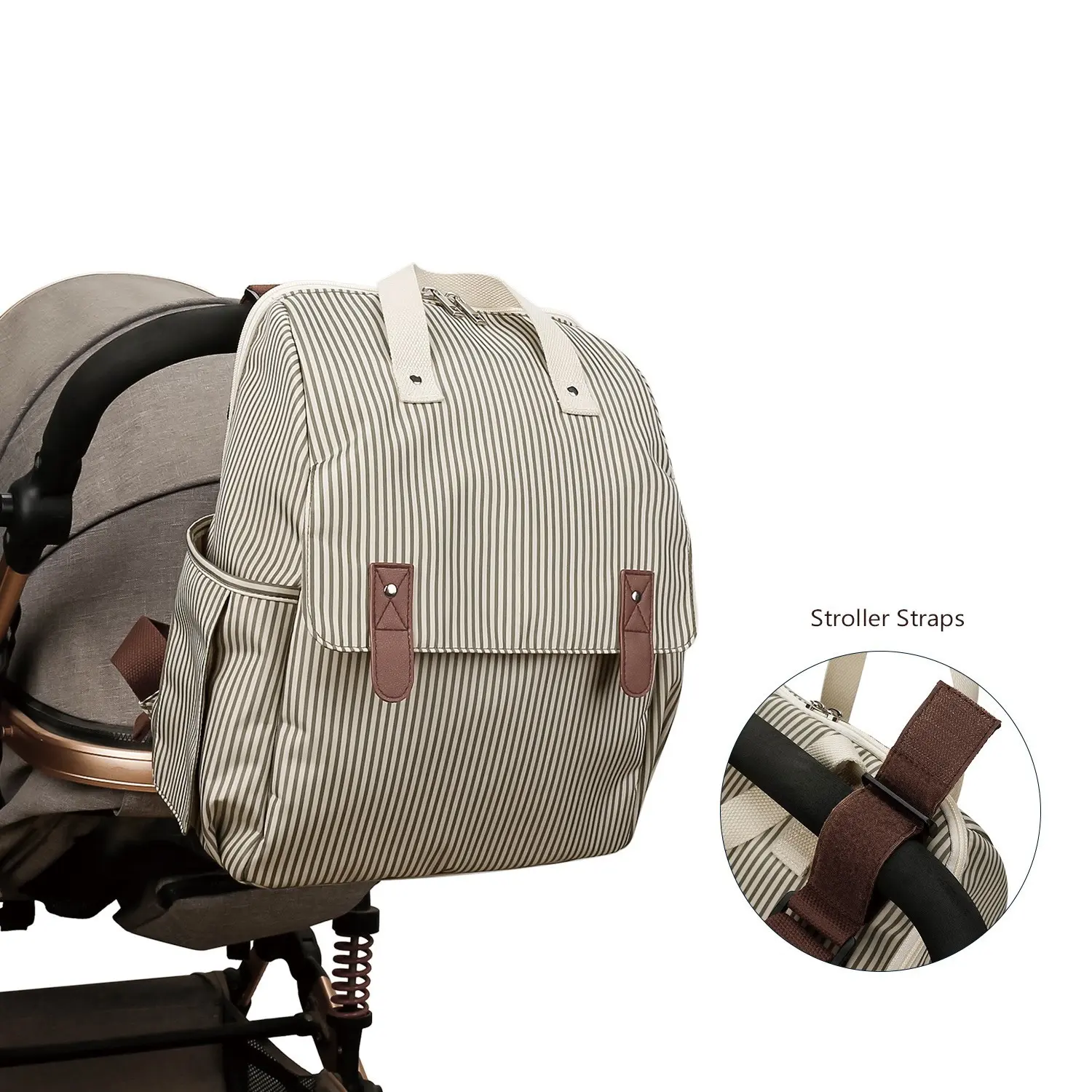 Striped Mommy Bag with Diaper Pad, Detachable Bottle Holder, Multi-Functional Baby Stroller Backpack, Essential Maternity