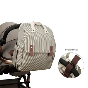 Striped Mommy Bag with Diaper Pad, Detachable Bottle Holder, Multi-Functional Baby Stroller Backpack, Essential Maternity