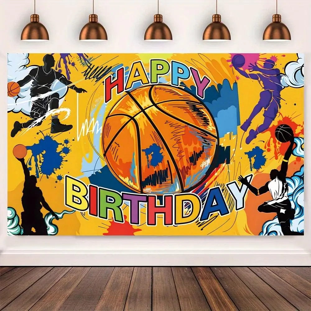 1pc Glam Durable 2D Flat Basketball-Themed Polyester Happy Birthday Backdrop - Multi-Size Photo Booth Accessory, Party Decoration, White Wall Hanging Banner Ornament (2 Sizes Available)