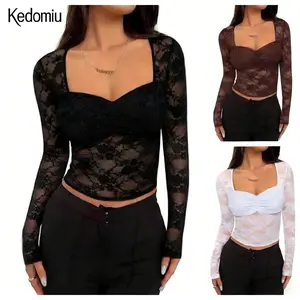 Kedomiu Women Lace Floral Long Sleeve Shirts Tops Sheer Mesh See-Through Low Cut T-Shirts Slim Fit Going Out Tees Tops Vintage Aesthetic Clothes Streetwear