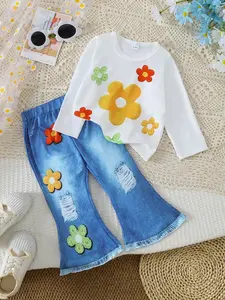 Baby Girl Floral Embroidered Long Sleeve T-Shirt & Denim Jeans Set, Ripped Flare Pants, Sweet Fresh Farmhouse Style, Soft Breathable, 6-18 Months