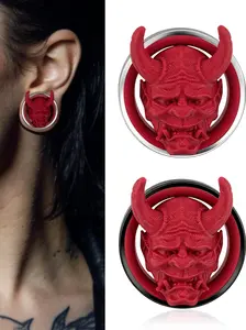 vanku 2pcs Dark Demon Hannya Face Ear Tunnels, Hypoallergenic Earrings 316 Stainless Steel, Gothic Punk Body Piercing Jewelry, Boho Style, All Seasons