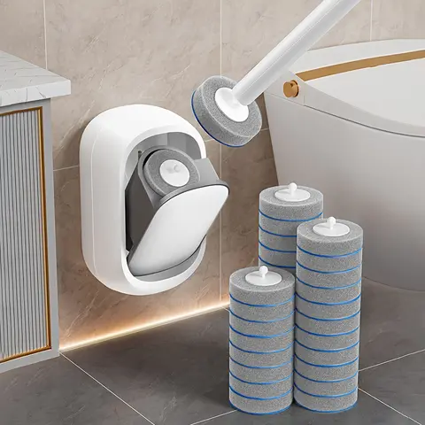 Joybos Wall Mounted Stainless Steel & ABS Toilet Brush Tool Set + Refills - Hanging, Waterproof, Long Handle, Disposable Heads, PP+Sponge, Foam-Boost Clean, Storage Caddy, Metal-Glass Accents, Convenient & Hygienic Bathroom Routine Essential Supplies