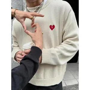 Men's Heart Embroidery Drop Shoulder Sweater, Loose Casual Long Sleeve Round Neck Jumper for Fall & Winter, Fashion Men's Knitwear for Daily Wear