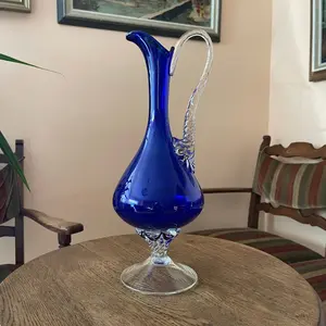 Large 13.5” Cobalt Blue Art Glass Ewer – Hand-Blown Italian Carafe