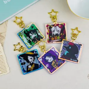 The Freak Circus Keychain Set, Pierrot Harlequin Jester Doctor Ticket Taker, Creepy Gothic Square Acrylic Keychains with Gold Star Clasp