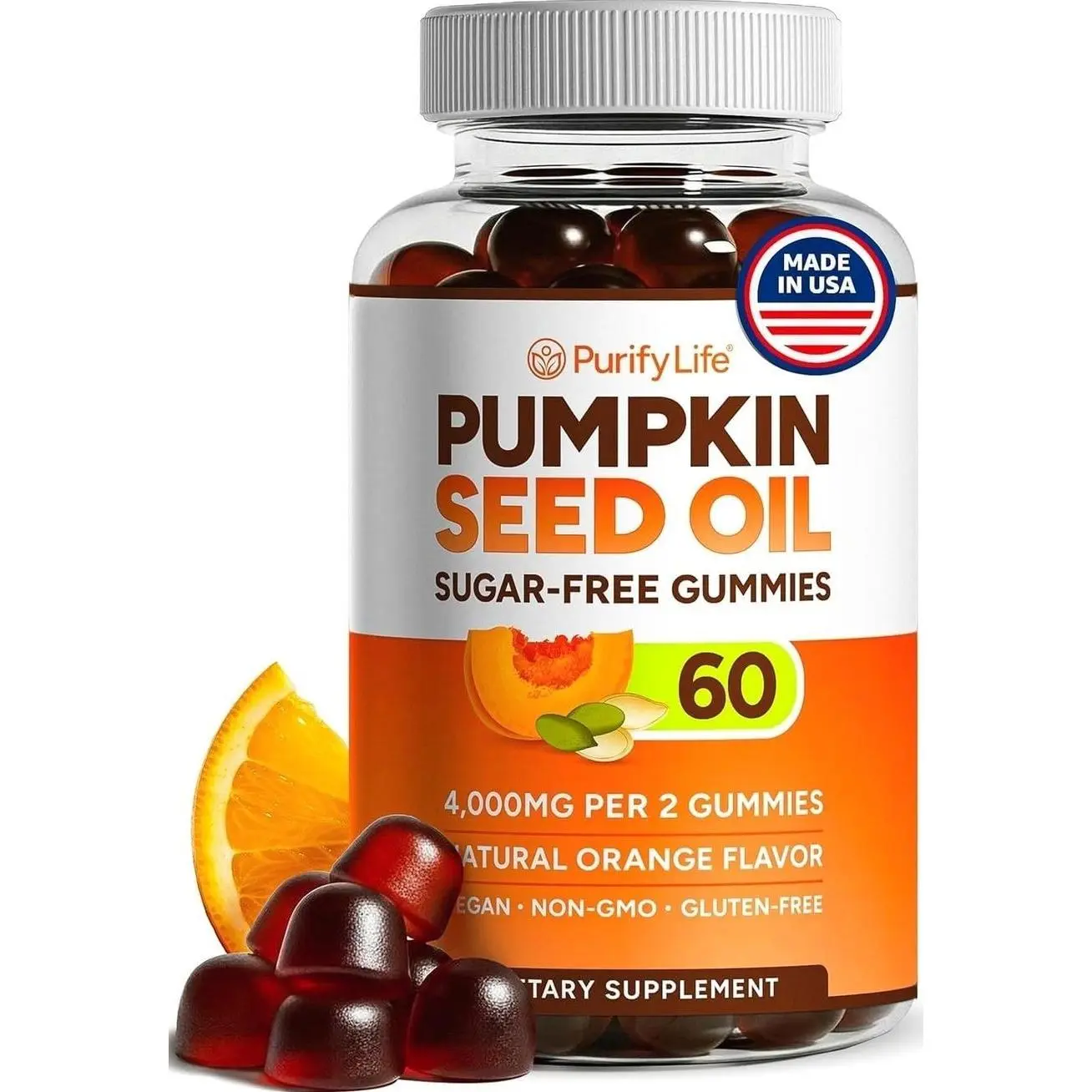 Sugar-Free Pumpkin Seed Oil Gummies (4,000mg/serving) Pumpkin Seed Oil for Hair Growth, Youthful Skin, Prostate Health, Immune & Urinary Tract Support-Natural Source of Essential Fatty Acids, 60ct