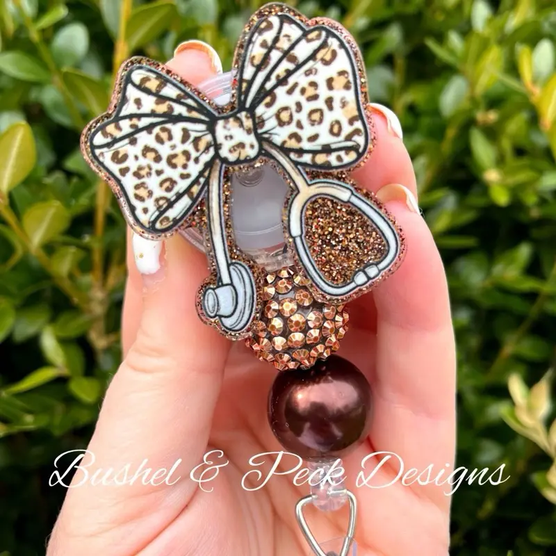 Bashel & Peck Designs Leopard Coquette Bow Badge Reel - 2.0" Acrylic Retractable with Hand Glittered Epoxy Protection for Nurses Teachers Office Staff