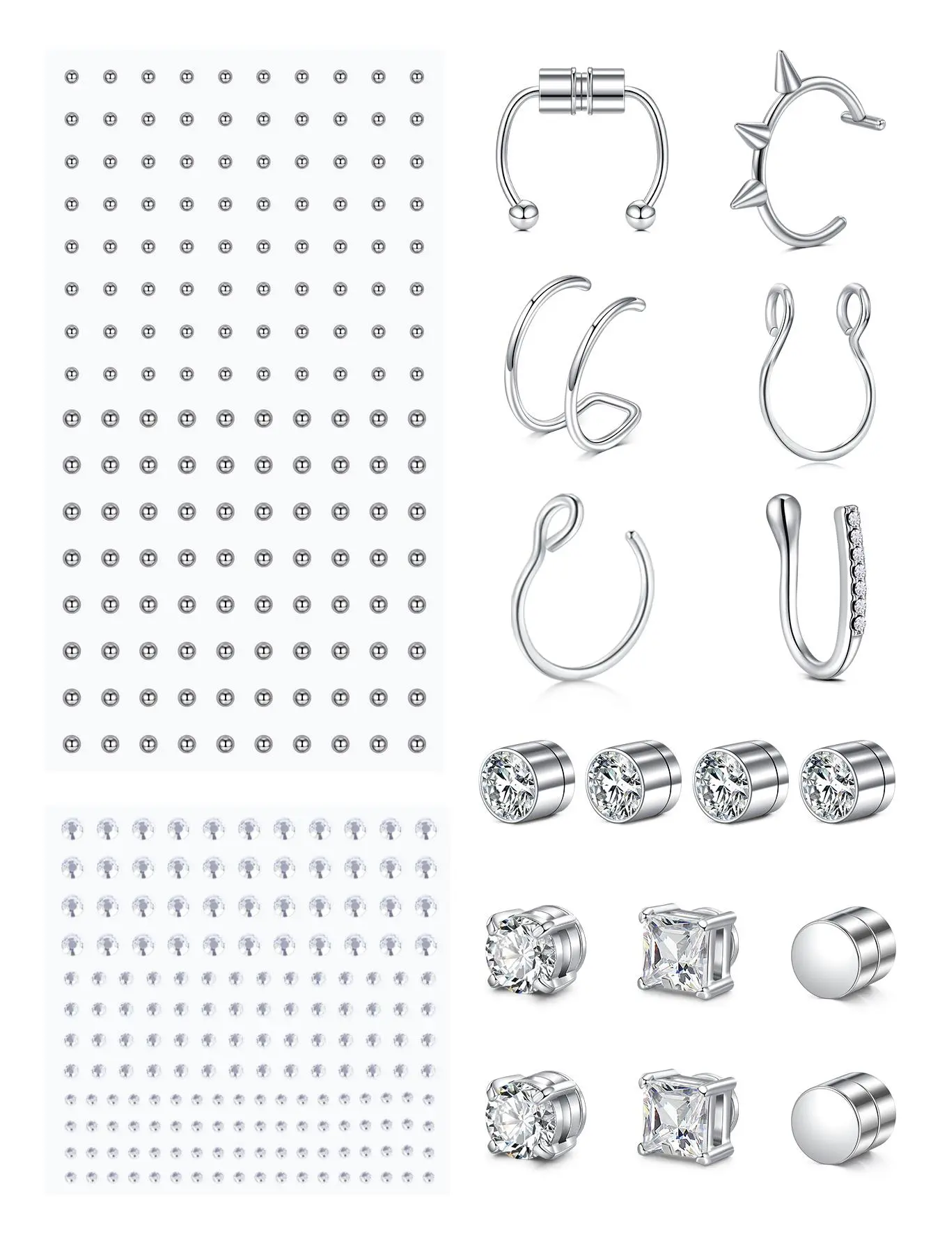 Punk Fake Body Piercing Jewelry Set, Self Adhesive Stainless Steel Balls Face Gems, Fake Nose Ring, Spiral Nose Ring, Nose Piercings Kit, Magnetic Studs Earrings Fake Lip Ring, Non Piercing Fashion Body Jewelry for Women & Men, Kit Nose Piece