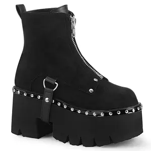 Demonia Ashes-100 Black Vegan Suede Ankle Boots with Chunky 3 1/2" Heel Cut-Out Platform & Silver Studs