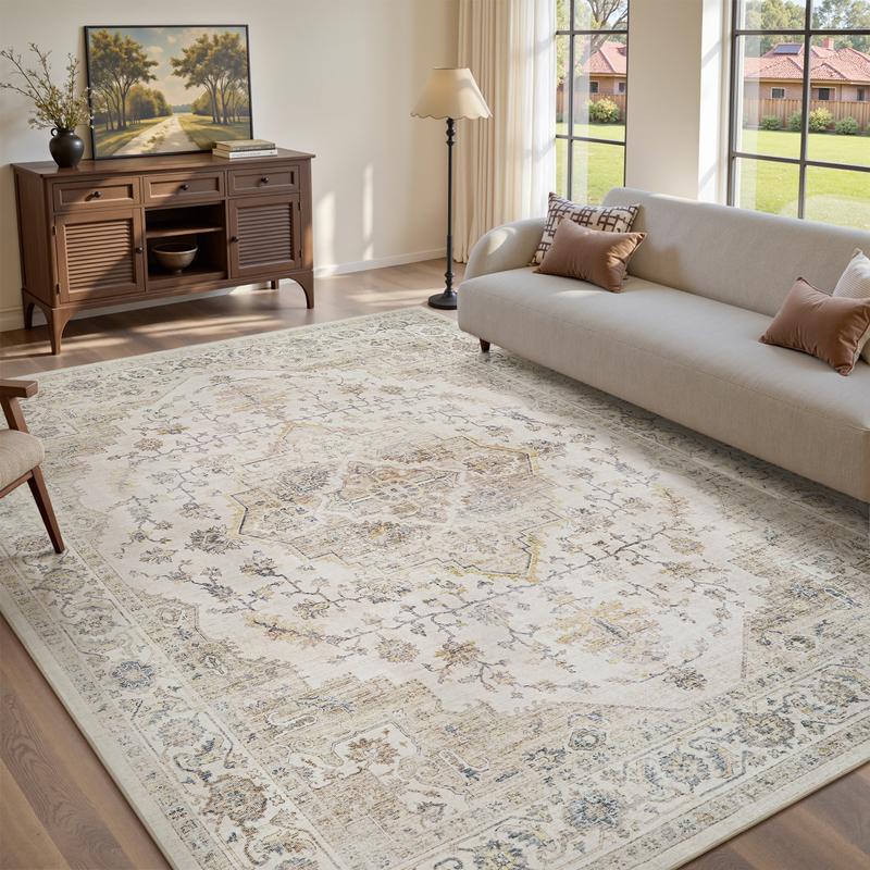MontVoo Vintage Medallion Rug, Retro Distressed Design, Washable Non-Slip Area Rug, Farmhouse Aesthetic Home Decor for Living Room, Bedroom