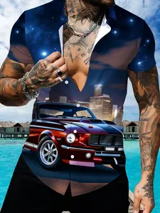 Starry Sky Print Men's Short Sleeve Shirt, Fashion Trendy Loose Casual Top, Unique Car Pattern Design, Summer All-Match Men's Wear