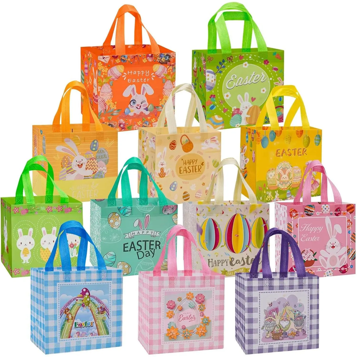 12 count Easter  Bags Large  Bunny Egg Easter Basket Tote Bags,Non-Woven Easter  Bags for Gifts Wrapping, Egg Hunt , Easter Party Supplies, 8.3x7.9x5.9inch