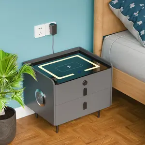 Dark Grey Smart Nightstand with Bluetooth Speaker and Drawer Storage bed  tables light furniture bedroom top charging station wood nightstand bed side table