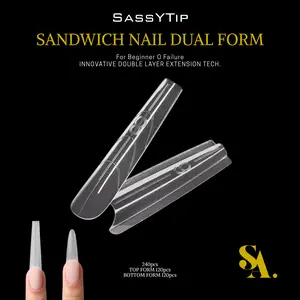 SassyTip Sandwich Nail Extensions Dual Forms&30g Crystal Poly Gel for Beginner 0 Failure Top & Bottom Innovative Double Layer Tech 240pcs DIY Art Manicure Set