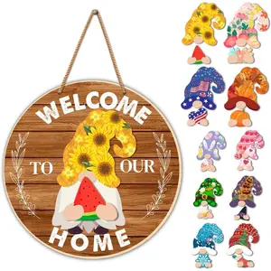 Interchangeable Wooden Gnome Decor Summer Welcome Home Sign Changeable Gnomes Decorations Patriotic 4th of July Holiday Seasonal Wall Hanging Outdoor Wreath for Front Door Porch (21 Pcs)