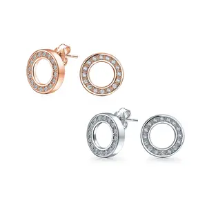 .925 Sterling Silver CZ Circle Stud Earrings - Timeless Geometric Design Rose Gold Plated (Set of 2)