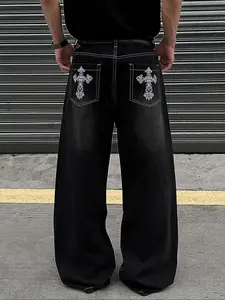 Men's New Fashionable Pocket Cross Pattern Embroidered Water Washed Rigid Magic Jeans, Casual Loose Fit Denim Jeans, Stylish Daily Wear