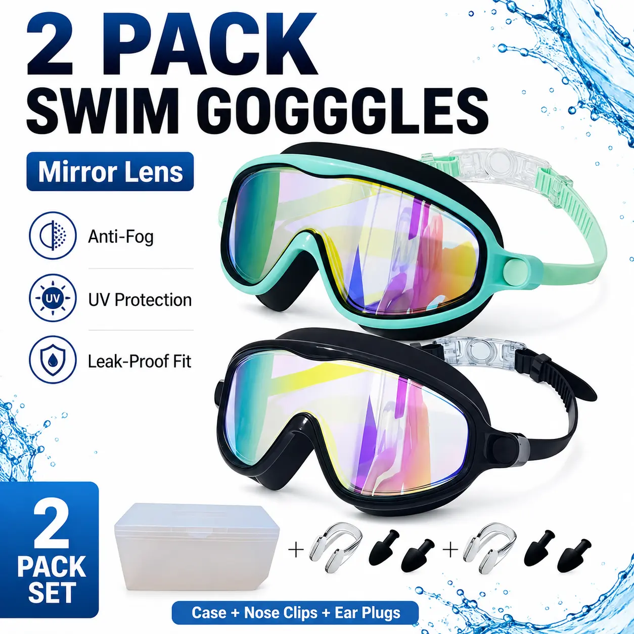 Kids/Adult Swim Goggles, Anti-Fog Mirror Lens Swim Goggles for Boys Girls, Adjustable Leak-Resistant Swim Mask with Case, Nose Clips & Ear Plugs for Pool Beach