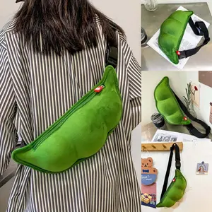 1pc Plush Pea Pod Crossbody Bag - Cute Cartoon Pea-Shaped Zipper Chest Bag for Women & Men, Durable Nylon Green Shoulder Bag for Outdoor Travel, Casual Outings (14.96x6.3x2.76inch)