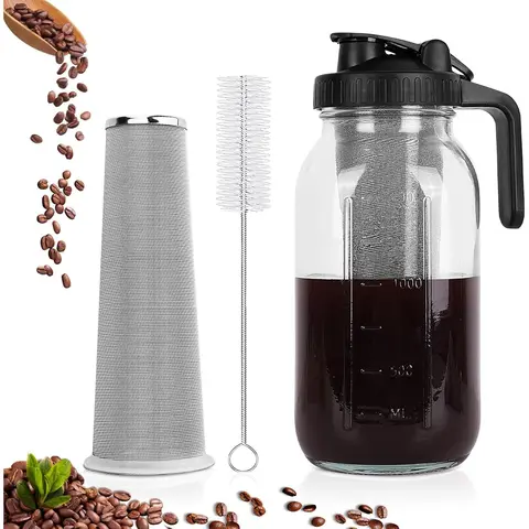 64 oz Cold Brew Coffee Machine - Large Size Coffee Brewing Equipment with Heavy-Duty Glass Mason Jar Pitcher, Handle, Airtight Seal Splashfree Spout Lid, 160µm Dense Stainless Steel Filter, Convenient Leak-Proof Design for Iced Tea, Milk & Lemonade