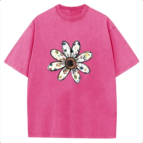 Holafish Oversize Acid Wash Vintage "Boho Daisy Flower" Graphic T-Shirt, Minimal Retro Botanical Floral Casual Graphic Tee, Heavyweight Cotton Streetwear Graphic Vintage Tees Unisex Crewneck Tshirt