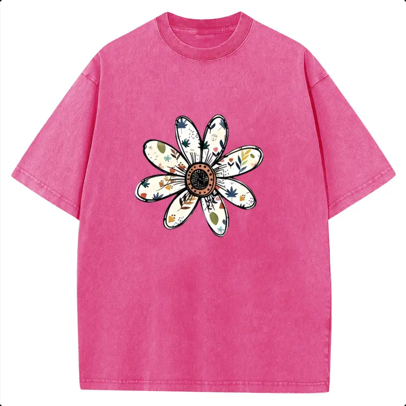 Holafish Oversize Acid Wash Vintage "Boho Daisy Flower" Graphic T-Shirt, Minimal Retro Botanical Floral Casual Graphic Tee, Heavyweight Cotton Streetwear Graphic Vintage Tees Unisex Crewneck Tshirt
