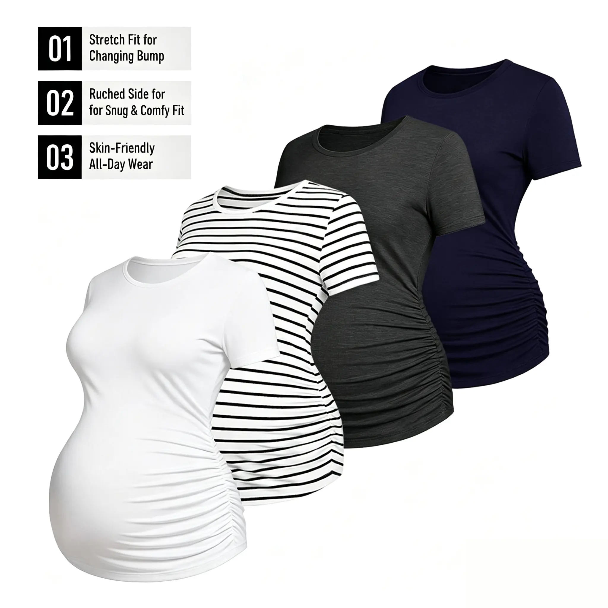 MIRAZEN Maternity T-Shirt, Women's Casual Short-Sleeve Crew Neck Top with Side Ruching, Soft Stretch Fabric for Pregnancy Outfits, Maternity Shirt, Easy Match For Any Outfit, Belly, All Seasons, Gentle Stretch, Everyday, Iron On Low Heat, Short Sleeves, S