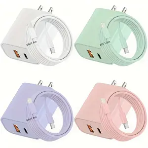 20W Fast Dual USB-C Adapter 20W Dual Fast USB-C Power Adapter - Rapid Charging, Dual Port, 6ft Type-C Cable, for iPhone 15 Series, for iPad, for SamSung, And More - Purple/Pink/Green/White Options