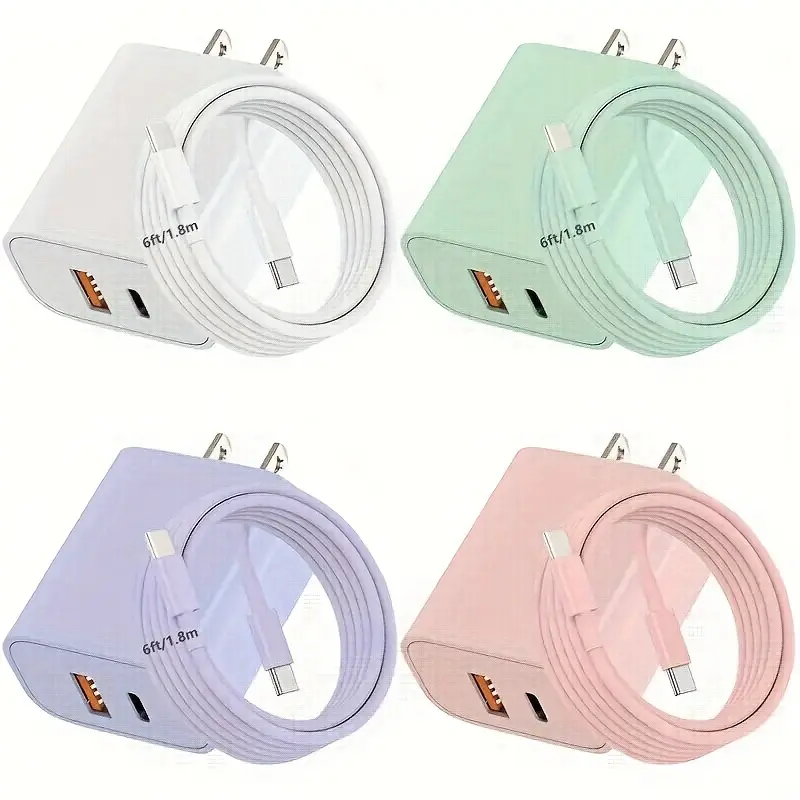 20W Fast Dual USB-C Adapter 20W Dual Fast USB-C Power Adapter - Rapid Charging, Dual Port, 6ft Type-C Cable, for iPhone 15 Series, for iPad, for SamSung, And More - Purple/Pink/Green/White Options