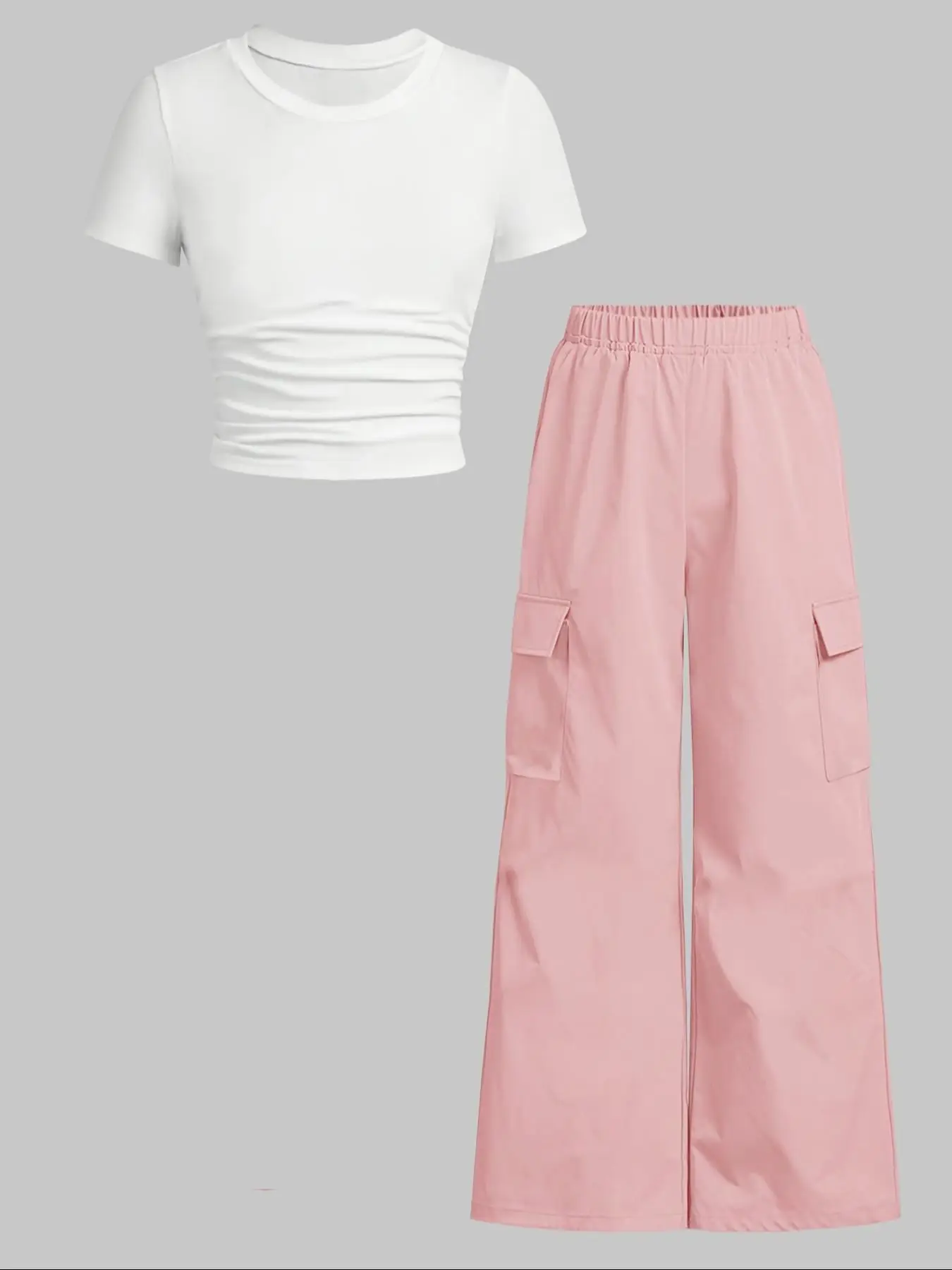 Two-piece Set Girl's Solid Ruched Top & Pocket Cargo Pants Set, Casual Short Sleeve Round Neck Top & Elastic Waist Trousers for Summer, Girl Clothes,