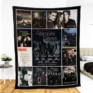 The Vampire Diaries Blanket Cast Signatures Damon Stefan Elena Collage Fleece Throw TVD Fan Merch Room Decor Gift Idea