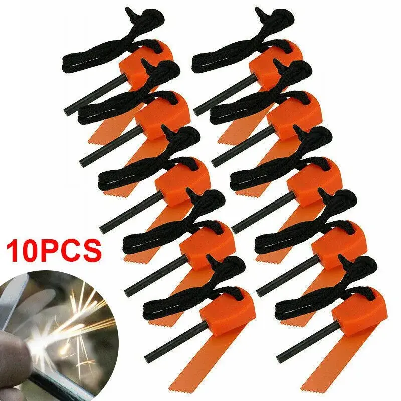 10-Piece Reliable Ignition Fire Starter Flint Steel Striker Survival Kit with Ferro Rod, Outdoor Camping & Barbecue Kitchenware Tool Set