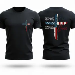 Vibezone Stand For The Flag Kneel For The Cross 4th Of July 2 Sided T-Shirt Fitted Short Sleeve Crew Neck Cotton Graphic Tees for Women Casual Summer Tops