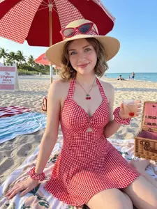 Red 1930s Plaid Halter One-Piece Swimsuit Retro Halter One Piece Swim Dress for Women Gingham Print Push Up Swimsuit with Tie Back and Skirted Bottom Trendy Summer Outfit for Vacation Look and Try On Haul Retro Stage Flowy Swimdress