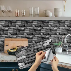 6/12/24/48 PCS Vintage FG Decorative Tile Stickers, Black Gray Slate 3D Layered, PVC Crystal Film, Peel & Stick Backsplash, Removable Decorative Backsplash, Waterproof Oil-Proof DIY Self-Adhesive Wall Decor Home Decor Tiles Sticker Kitchen