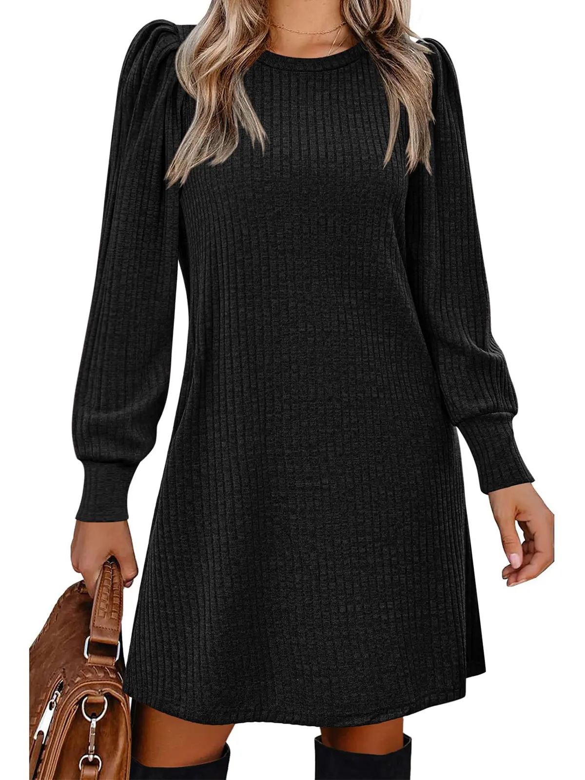 Women's Puff Sleeve Rib Knit Sweater Dress Crew Neck Long Sleeve Casual Mini Dress
