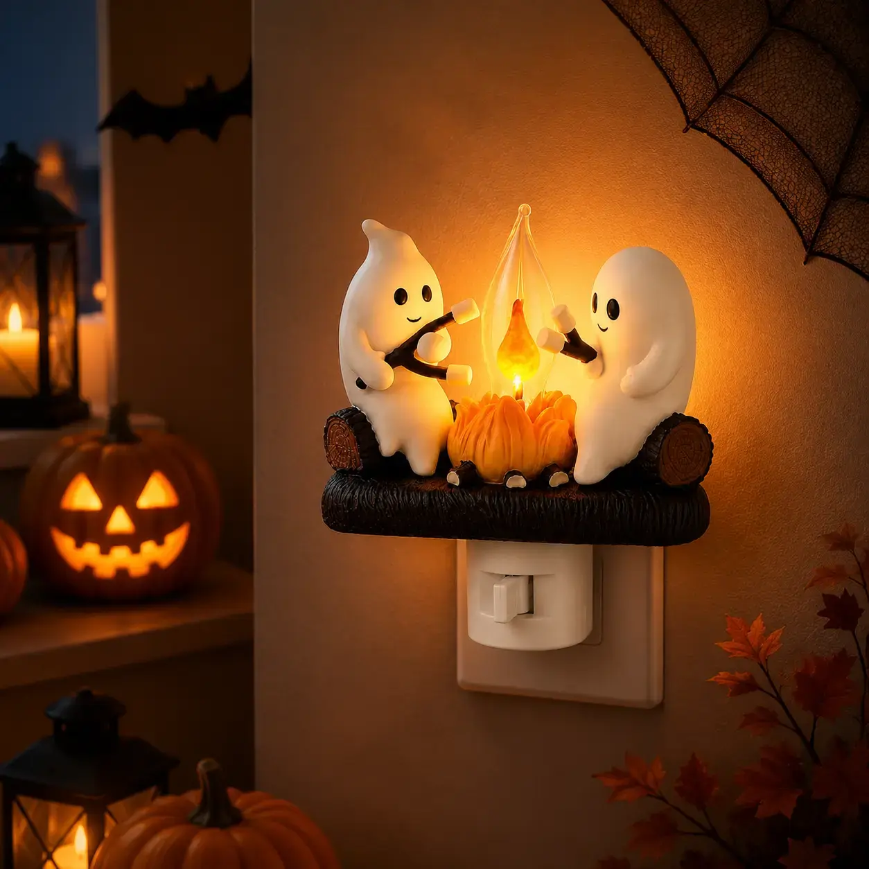Ghost Campfire Night Light，2026 Ghost Campfire Flickering Nightlight,  Funny Halloween Nightlight Indoor Decorations, 3D LED Small Faux Campfire Night Light, Spooky Halloween Decor, Halloween Party Decorations, Halloween Gift