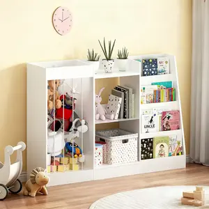 Kids Montessori Bookshelf & Toy Storage Organizer, 3-Tier Front-Facing Sling Bookcase with Stuffed Animal Holder, Anti-Tip Wooden Baby Book Shelf for Nursery, Playroom & Kindergarten, Promotes Independent Reading & Organization, White