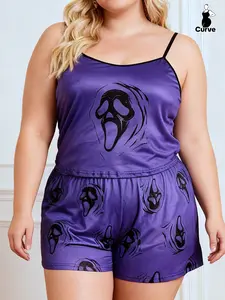 Plus Size Fashion Women's Sleepwear Set, Summer Gothic Print Sleeveless Top & Shorts, Cute Halloween Cartoon Pattern, Home Sleeping
