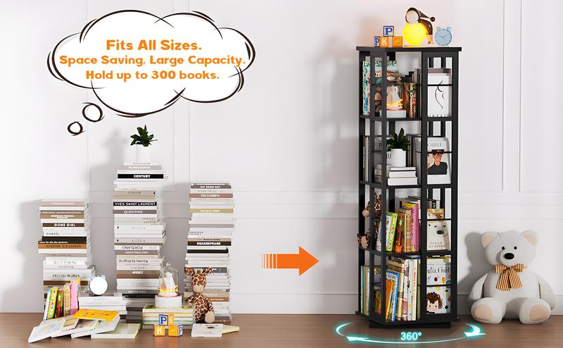 Rotating Bookshelf, Corner Bookshelf, 360 Display Wood Spinning Bookshelf, Floor Standing Bookcase Narrow Shelf,Bedroom, Study Room, Black Furniture Organization floating shelves