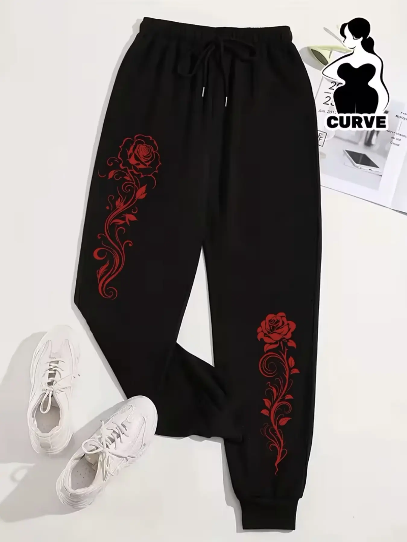 Women's Casual Sporty Long Pants, Rose Pattern Print, Drawstring Trendy Workwear, Loose-Fitting Jogger Pants, All Seasons Fashion, Athleisure Style Bottoms