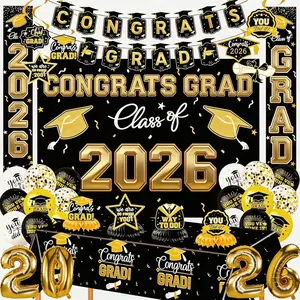 Class of 2026 Graduation Party Decorations Set, Black  Congrats Grad Banner & Backdrop with Table Centerpieces and Balloons, 2026 Graduation Decorations for Party Supplies, Photo Booth Background