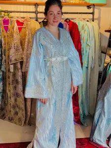 Sky Blue Handmade Luxury Brocard Moroccan Kaftan