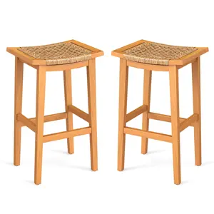 COSTWAY - Outdoor Acacia Wood Bar Stools Set of 2 with PE Rattan Seats and Backrests