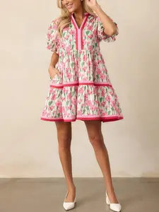 Womens V Neck Floral Mini Dress Short Puff Sleeve Patchwork Summer Casual Boho Dresses