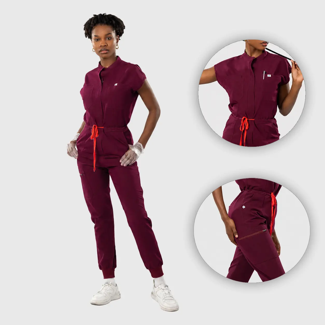 EADFLIE Women's Fitted Scrub Jumpsuit Uniforms - Chic Minimalist Stand-Up Collar, 7 Pockets, Short Sleeves, Stretch Polyblend Fabric, Adjustable Strap, Durable Thread, Machine Washable for Medical Workwear, Clinical Rounds, Daily All-Seasons Use,sohochic
