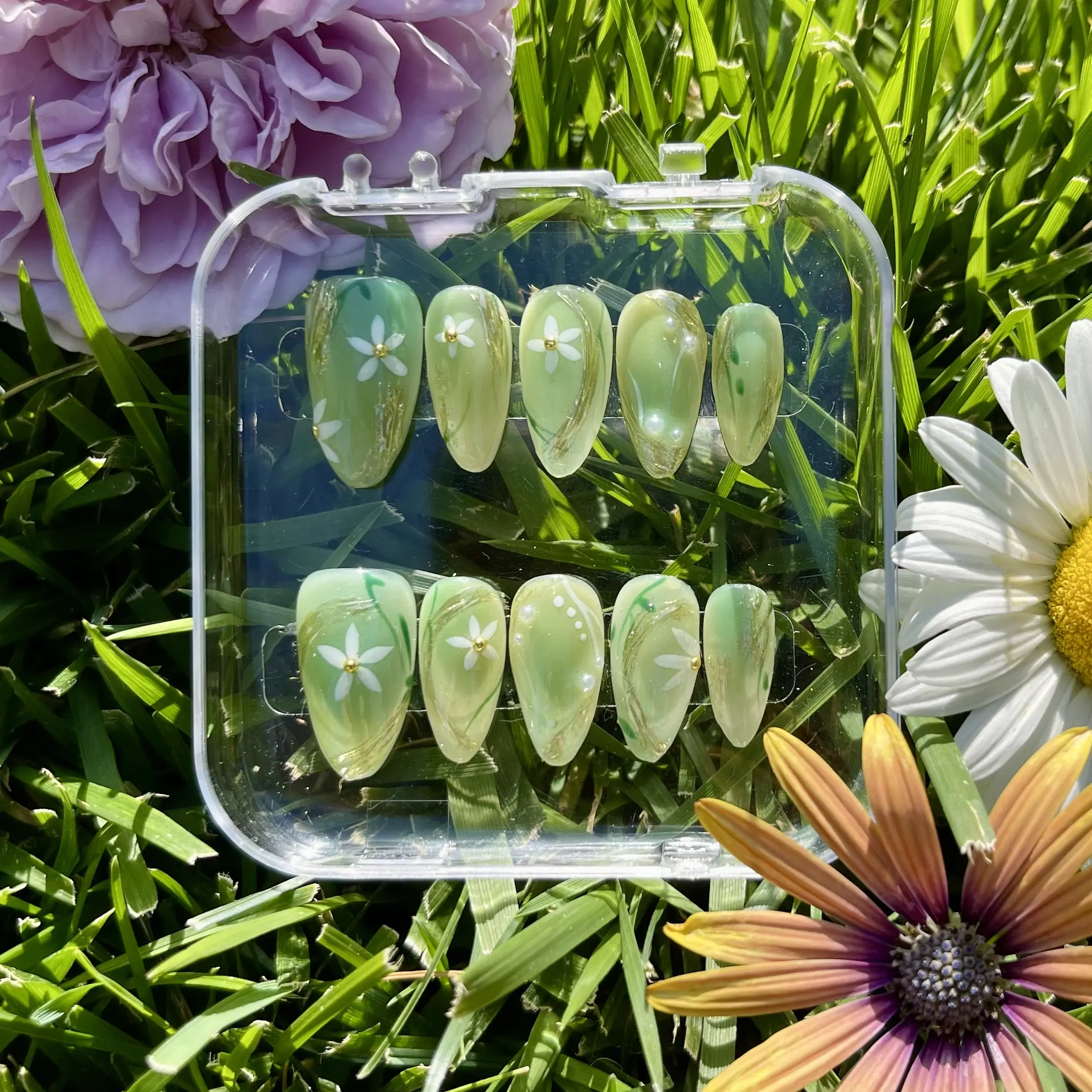 [Mint] Medium Almond Handmade Press on Nails, Fake Nails with Nail tool kit with Jelly Stickers, Reusable, Durable