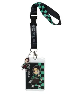Demon Slayer Checkerboard Design Wrist Lanyard with ID Card and 2" Plastic Tanjiro Kamado Charm For Keys Keychain Wallet