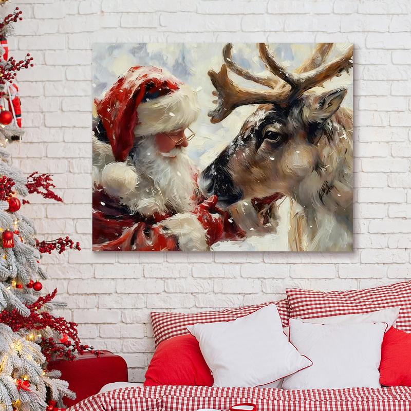 WiHoo Santa Claus Framed Vintage Christmas Canvas Wall Art Print, Rustic Winter Painting Christmas Pictures Wall Decor Christmas Gifts for Home Living Room Bedroom Decor Made in USA